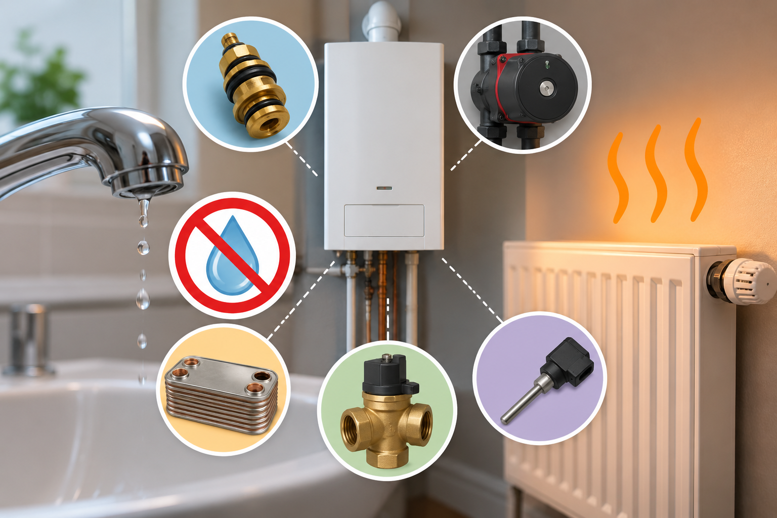 Boiler with working radiator but no hot water, showing five possible causes